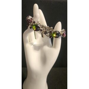 Vtg Silver Tone Multi Color Dragon Breath Glass Link Bracelet Purple Green